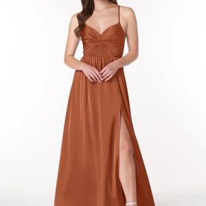 Azazie Raya A-Line V-Neck Pleated Stretch Satin Dress